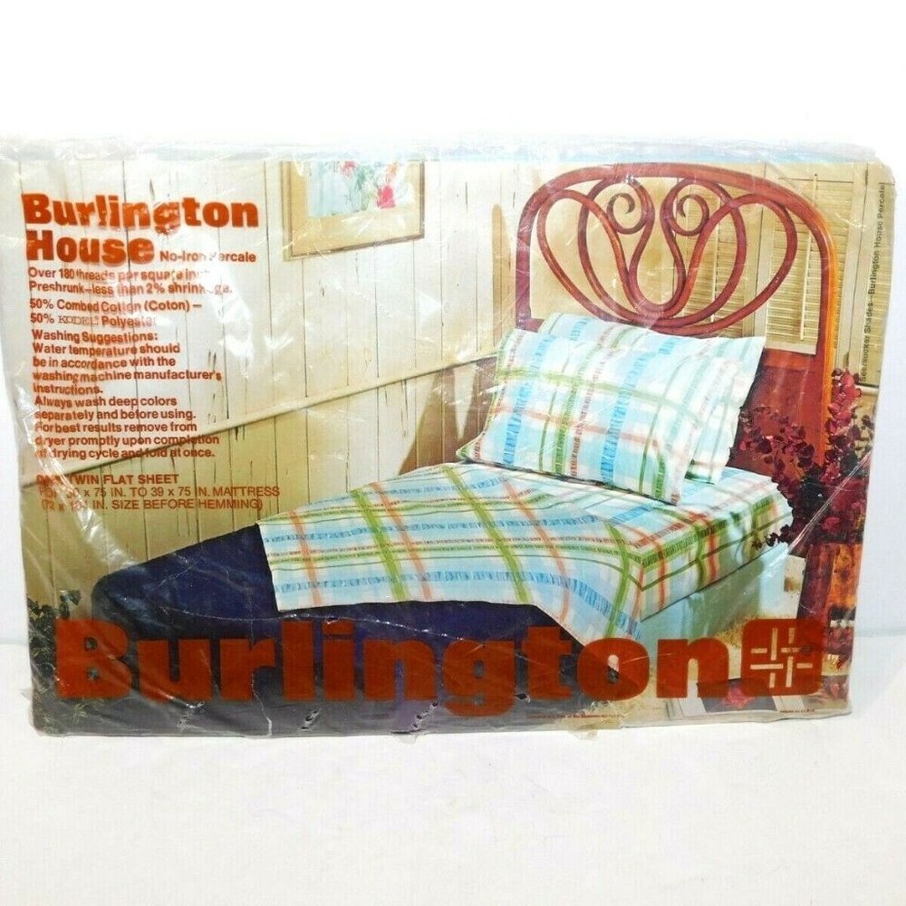 VTG Burlington House Twin Flat Sheet Blue Green Pink Birch plaid New Percale